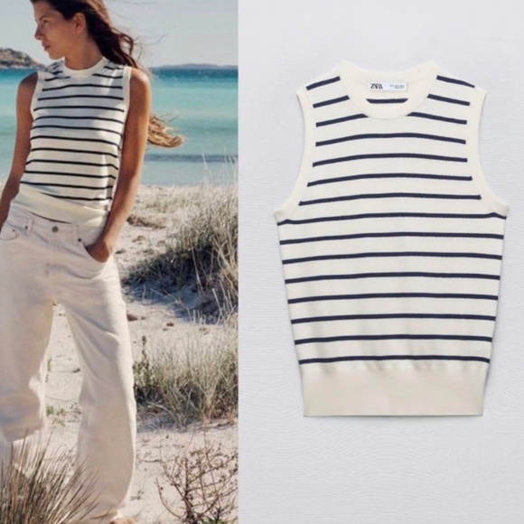 Zara Striped Navy + Ivory Tank Top in Small - Picture 1 of 6